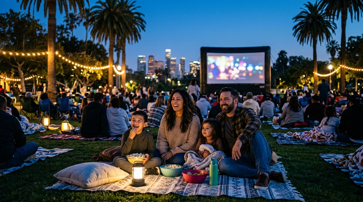 Family outdoor movie night in Los Angeles during fall