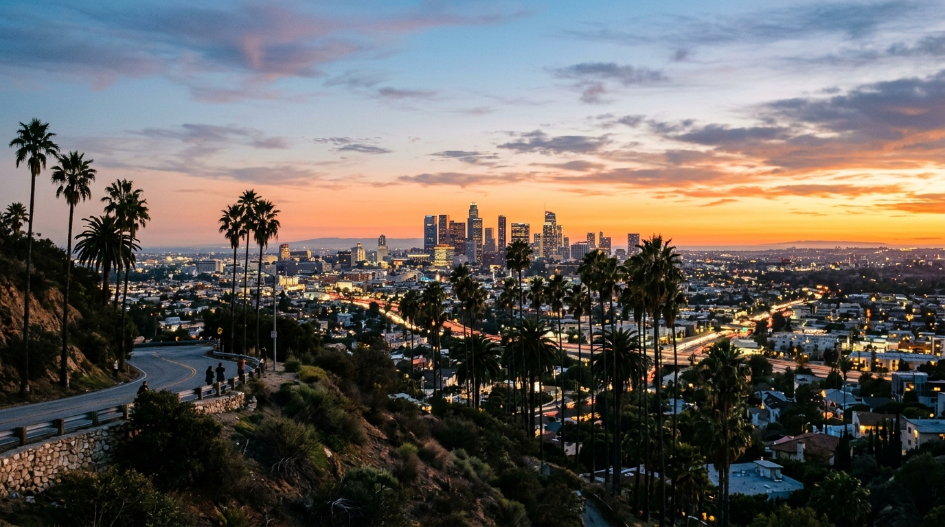 Los Angeles sunset view from a hillside overlook in September