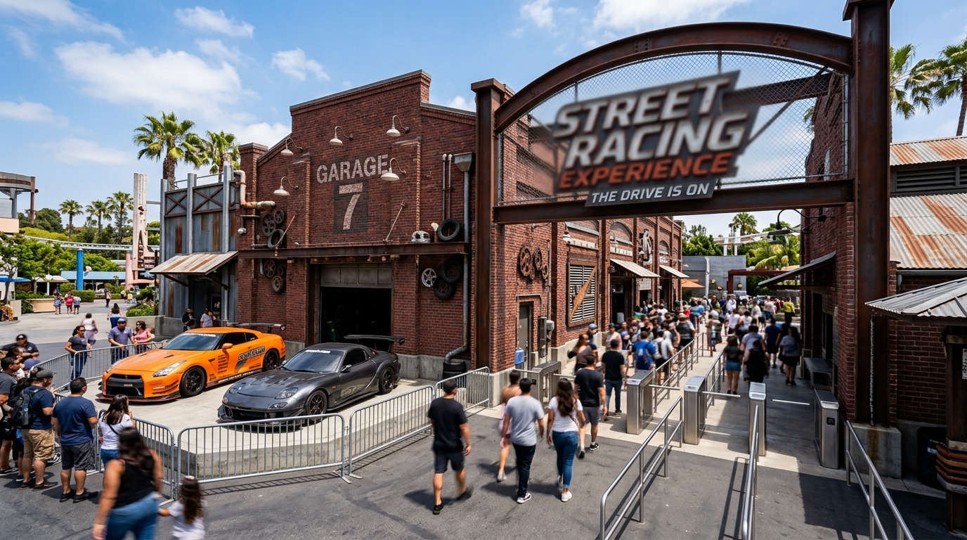 Visitors entering the Fast & Furious Hollywood Drift attraction