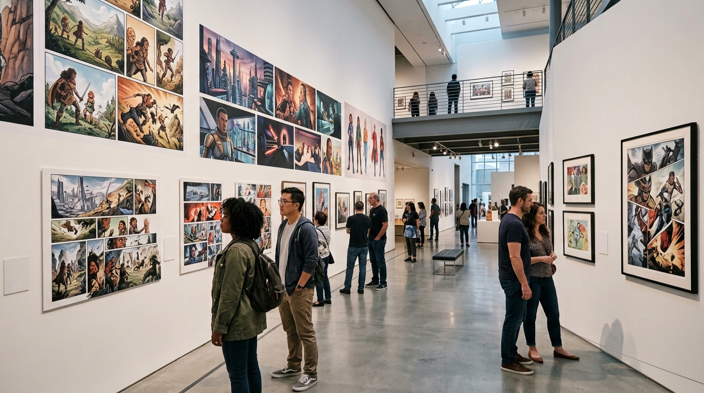 Visitors exploring narrative art galleries at a Los Angeles museum